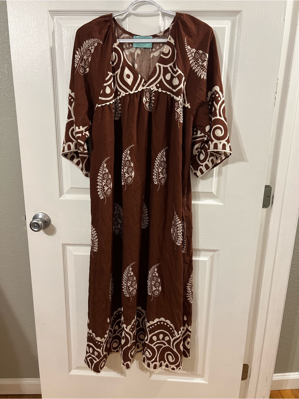 Brown Printed Maxi Dress with White Paisley Motif